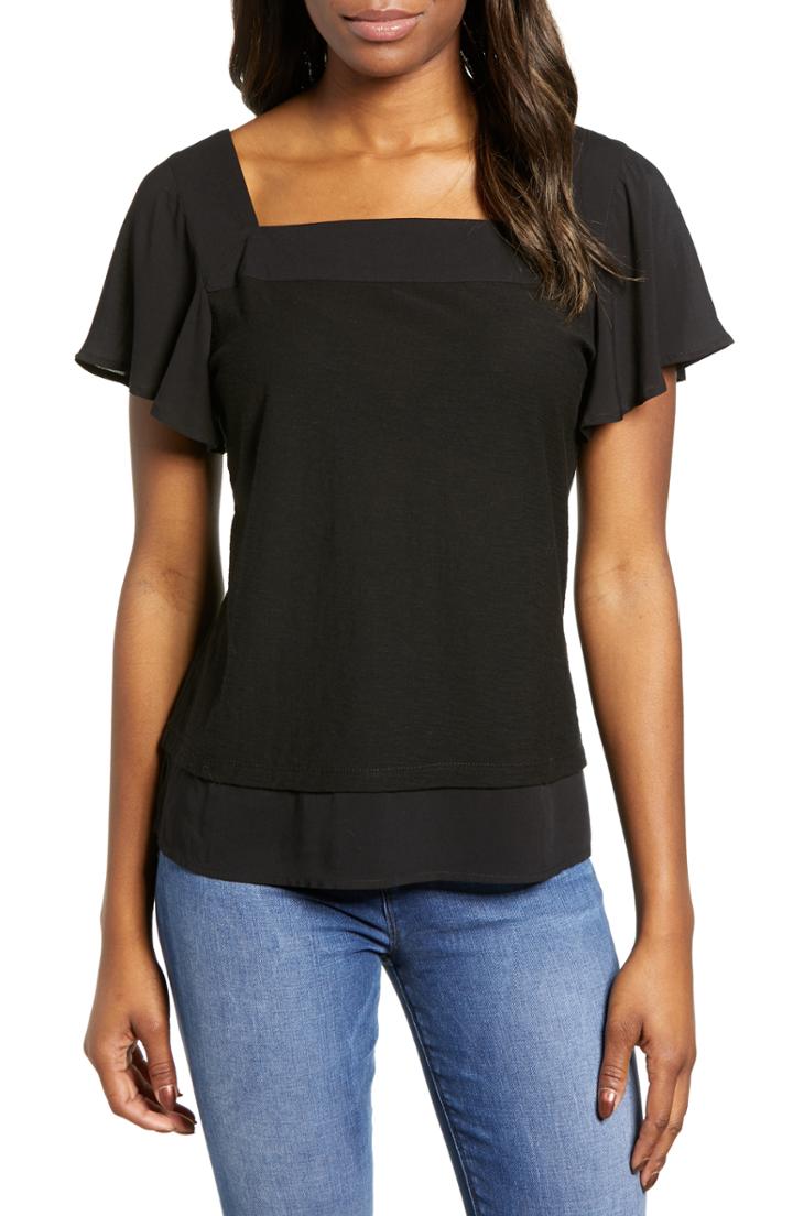 Women's Vince Camuto Layered Look Flutter Sleeve Top, Size - Black