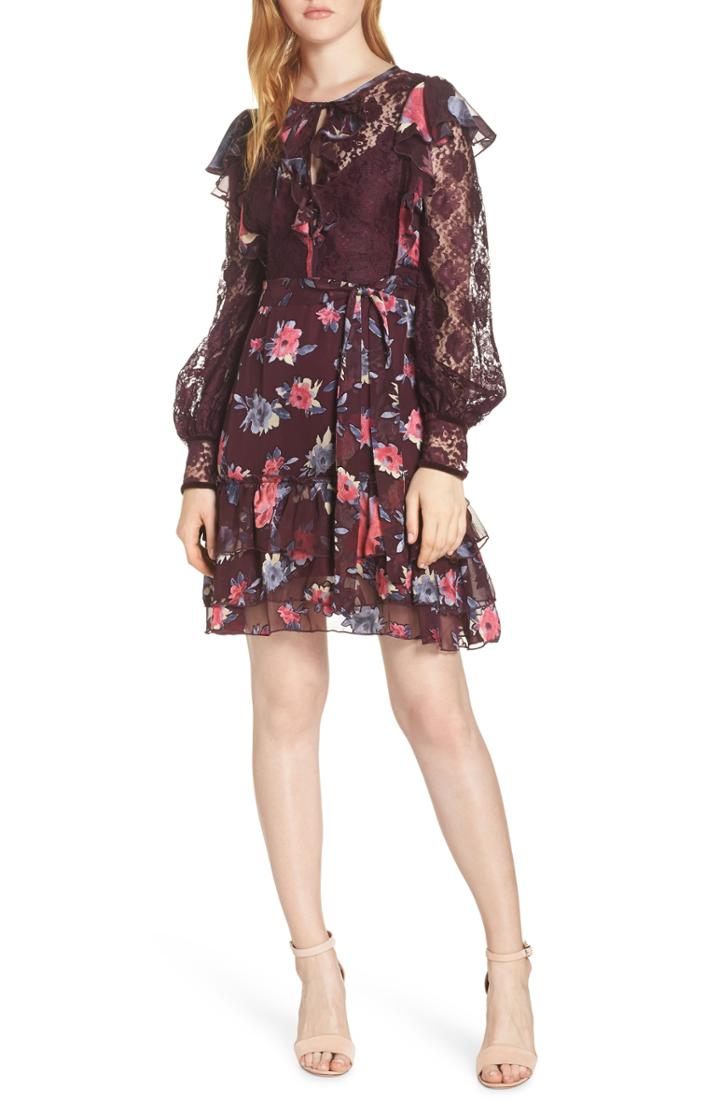 Women's French Connection Edith Lace & Ruffle Floral Dress - Black