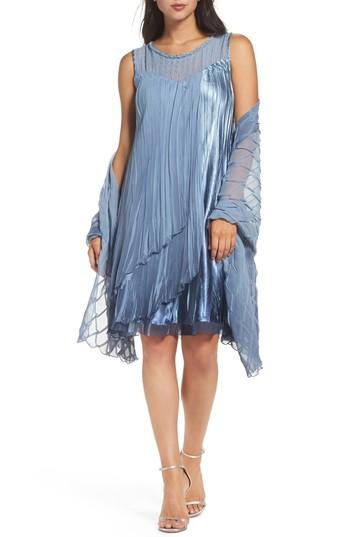 Petite Women's Komarov Embellished Chiffon & Charmeuse Shift Dress With Shawl P - Blue