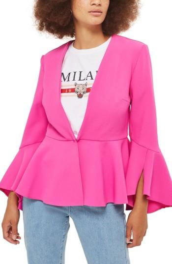 Women's Topshop Bell Sleeve Peplum Jacket Us (fits Like 0-2) - Pink
