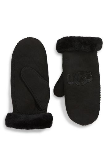 Women's Ugg Logo Genuine Shearling Mittens - Black