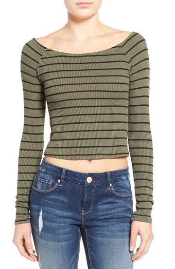 Junior Women's Socialite Stripe Off The Shoulder Tee - Green