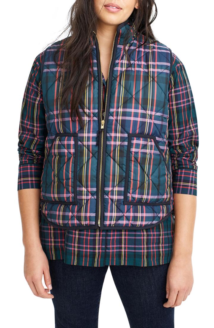 Women's J.crew Plaid Puffer Vest, Size - Green