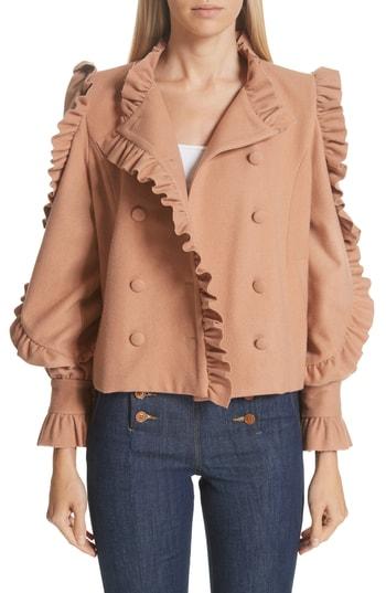 Women's Ulla Johnson Lucinde Ruffle Trim Wool Coat, Size - Brown