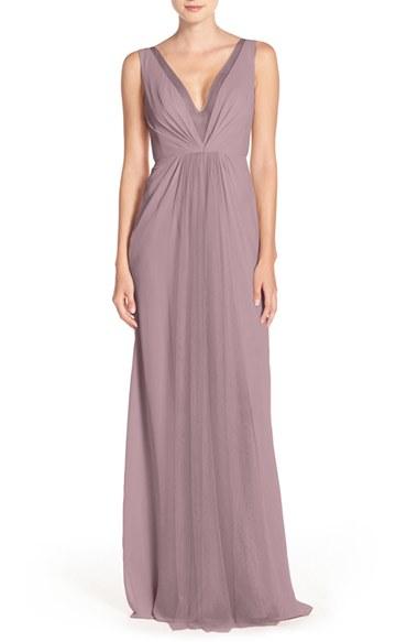 Women's Monique Lhuillier Bridesmaids Deep V-neck Chiffon & Tulle Gown - Purple