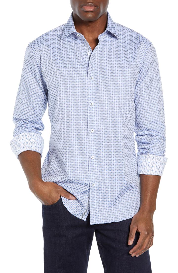 Men's Bugatchi Shaped Fit Pattern Sport Shirt - Blue