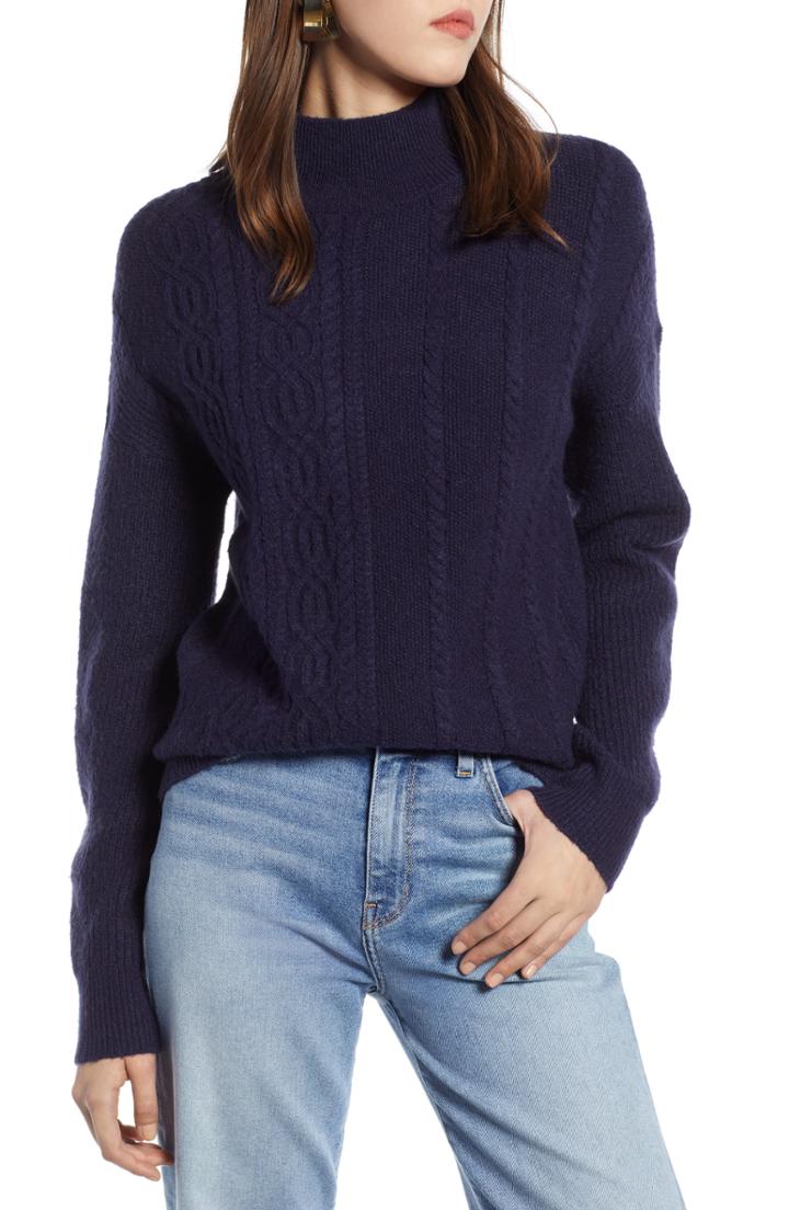 Women's Halogen Mock Neck Cable Knit Sweater - Blue
