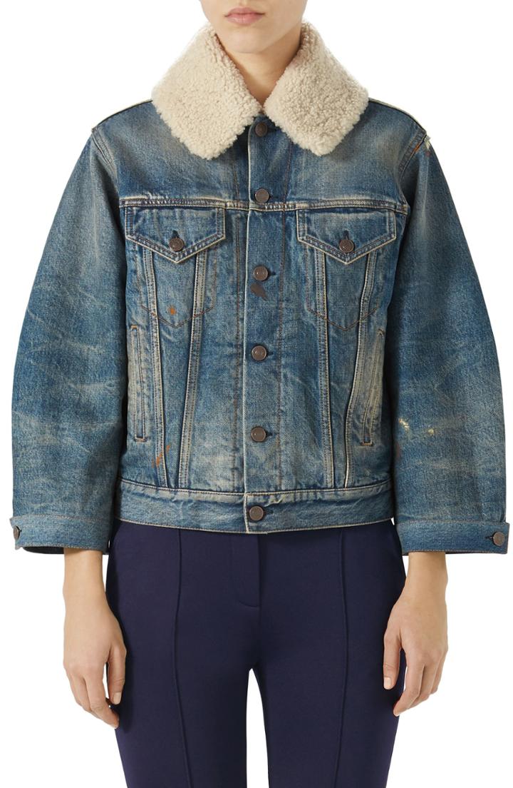Women's Gucci Print Back Denim Jacket With Genuine Shearling Trim Us / 44 It - Blue