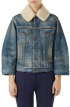 Women's Gucci Print Back Denim Jacket With Genuine Shearling Trim Us / 44 It - Blue