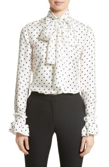Women's Loewe Polka Dot Tie Neck Silk Blouse Us / 42 Fr - White