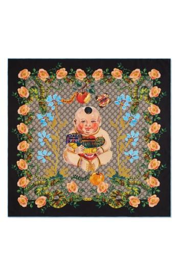 Women's Gucci Gg Baby & Flowers Print Silk Twill Scarf, Size - Black