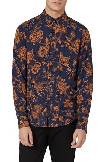 Men's Topman Classic Fit Floral Print Shirt - Blue