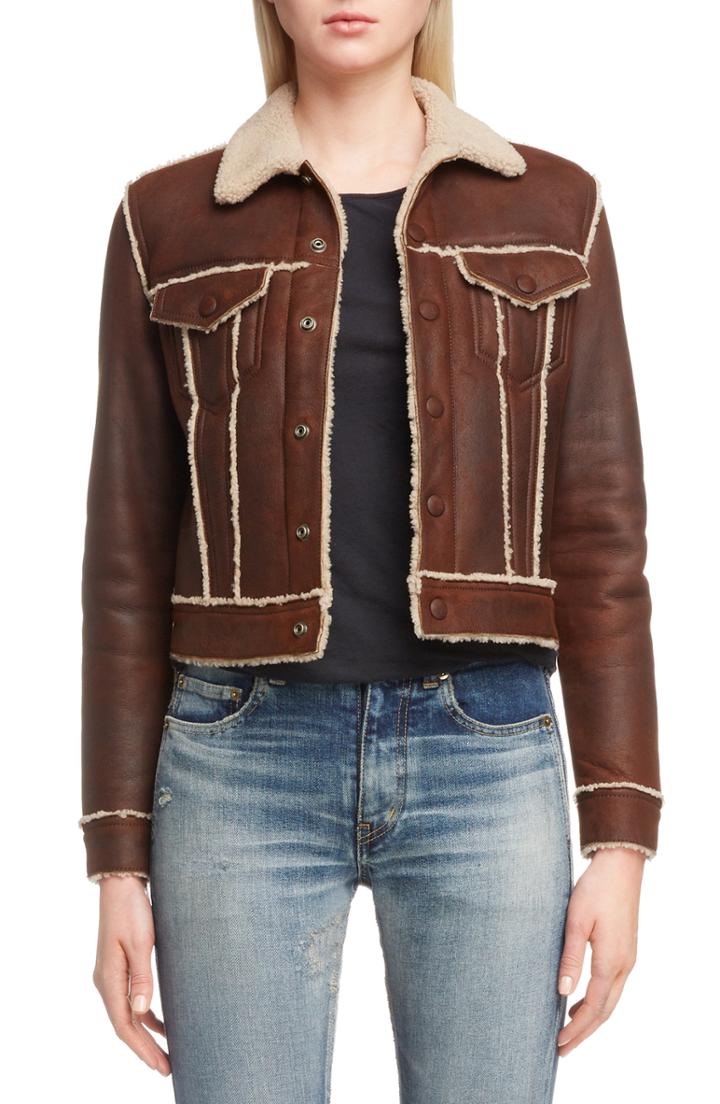 Women's Saint Laurent Genuine Shearling Trucker Jacket Us / 42 Fr - Brown