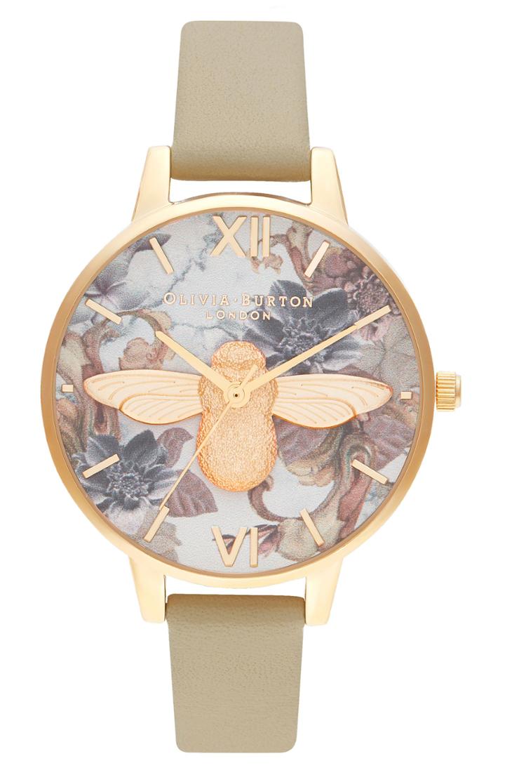 Women's Olivia Burton Marble Floral Leather Strap Watch, 34mm