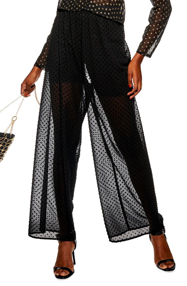 Women's Topshop Sheer Spot Wide Leg Trousers - Black