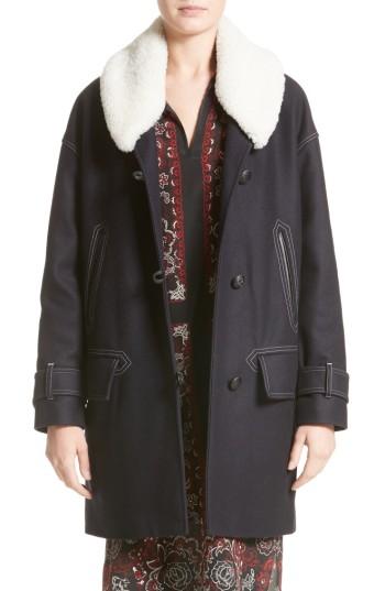 Women's Belstaff Apsley Genuine Shearling Collar Wool Blend Coat Us / 40 It - Blue