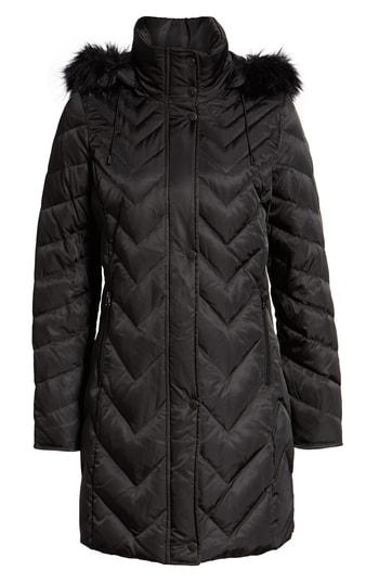 Women's Marc New York Matte Satin Chevron Faux Fur Trim Coat - Black