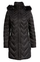 Women's Marc New York Matte Satin Chevron Faux Fur Trim Coat - Black