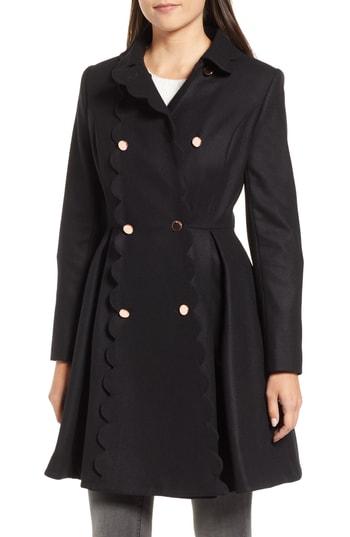 Women's Ted Baker London Scallop Trim Wool Blend Coat - Black