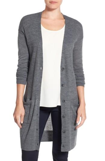 Petite Women's Halogen Rib Knit Wool Blend Cardigan P - Grey