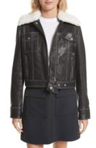 Women's Grey Jason Wu Shrunken Leather Jacket With Removable Genuine Shearling Collar - Black