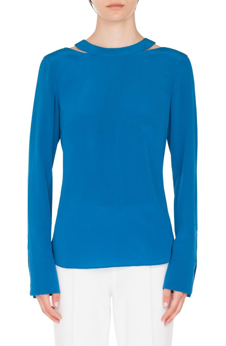 Women's Akris Punto Semi Circle Cutout Silk Blouse - Blue