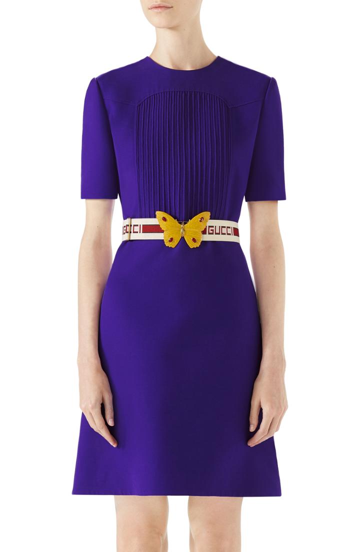 Women's Gucci Belted Pintuck Cady Crepe Dress