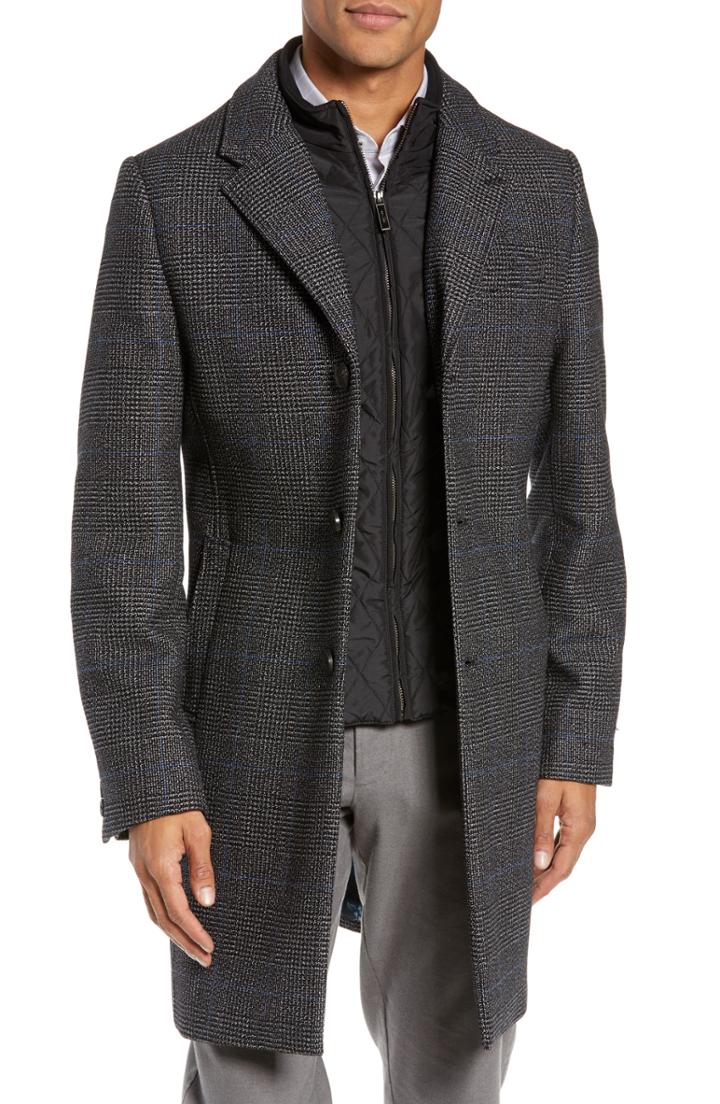 Men's Ted Baker London Plaid Stretch Wool & Cotton Overcoat R - Grey