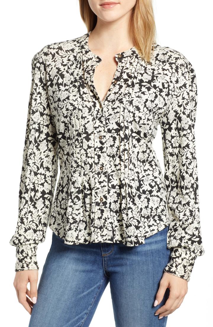 Women's Lucky Brand Pintucked Floral Top - Black