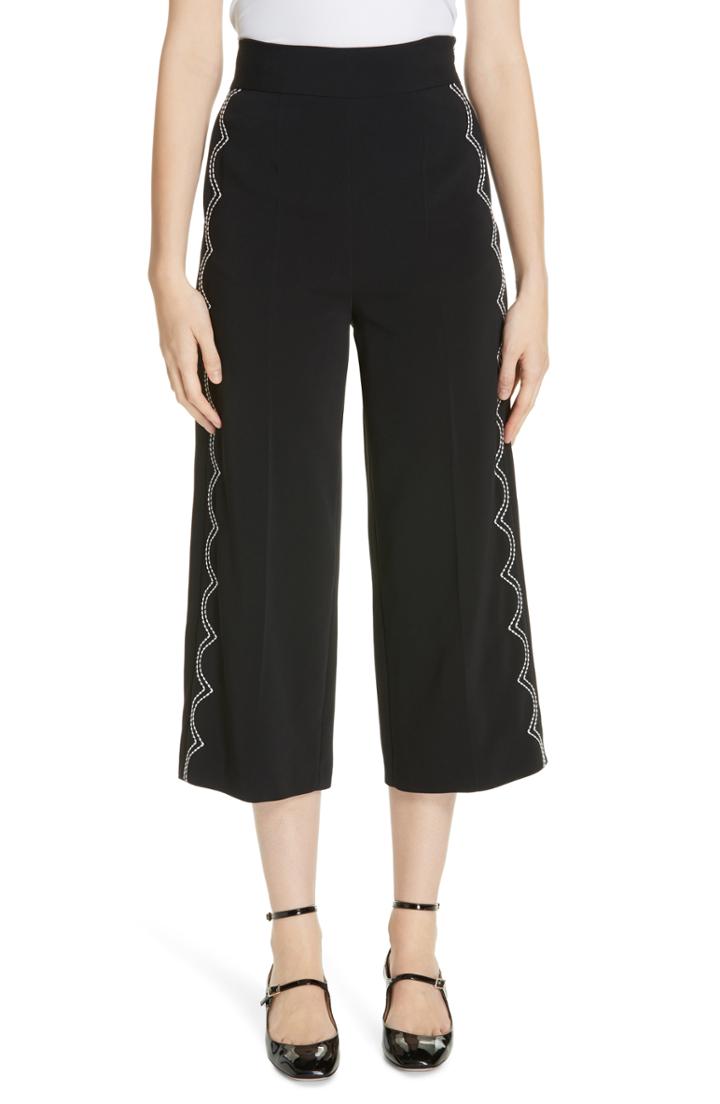 Women's Red Valentino Scalloped Contrast Stitch Crop Wide Leg Pants Us / 38 It - Black