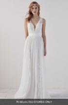 Women's Pronovias Elbet Boho V-neck Lace & Chiffon Gown, Size In Store Only - Ivory