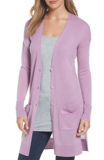 Petite Women's Halogen Rib Knit Wool Blend Cardigan P - Purple