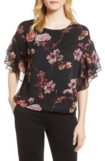 Women's Vince Camuto Tiered Ruffle Sleeve Garden Floral Top, Size - Black