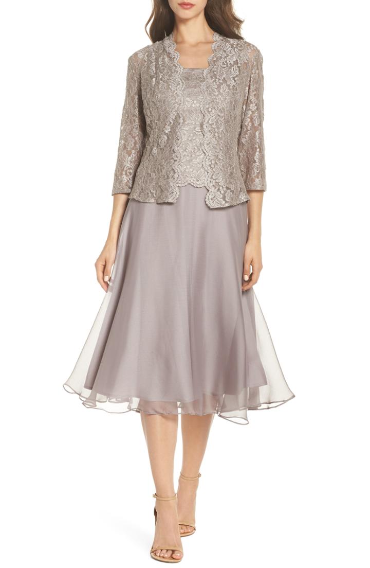 Women's Alex Evenings Lace Bodice Tea Length Dress With Jacket