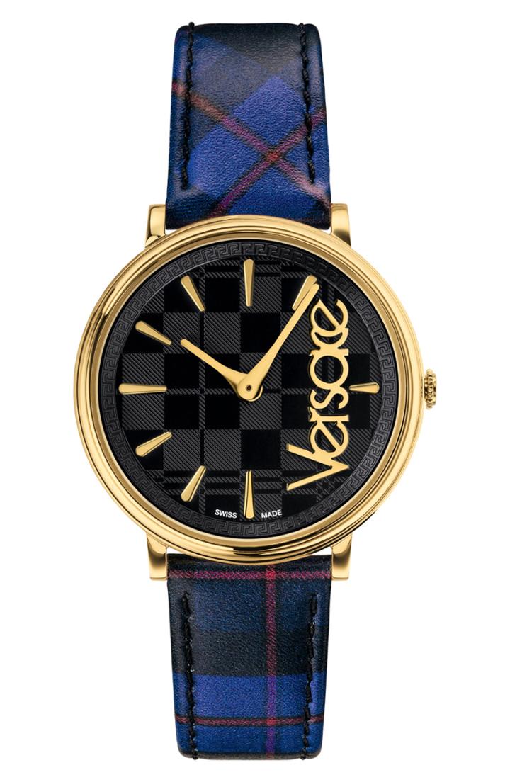 Women's Versace V Circle Clans Edition Leather Strap Watch, 38mm