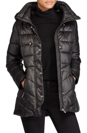 Women's Lauren Ralph Lauren Puffer With Faux Fur - Black