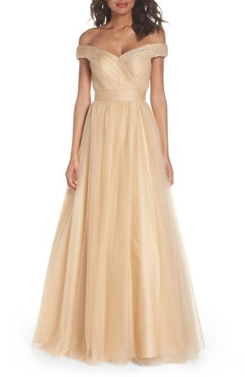Women's Mac Duggal Off The Shoulder Tulle Ballgown - Beige