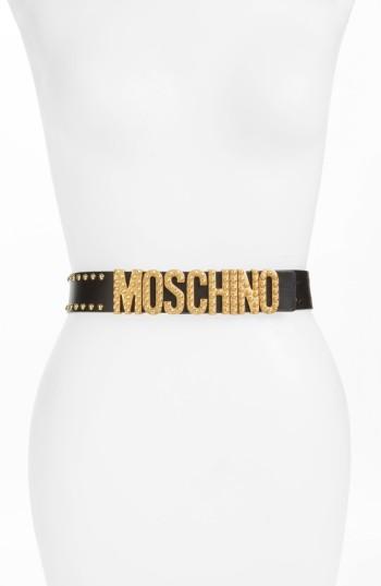 Women's Moschino Studded Logo Plate Leather Belt - Black
