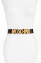 Women's Moschino Studded Logo Plate Leather Belt - Black