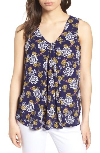 Women's Bobeau Pleat Front Floral Print Tank, Size - Blue