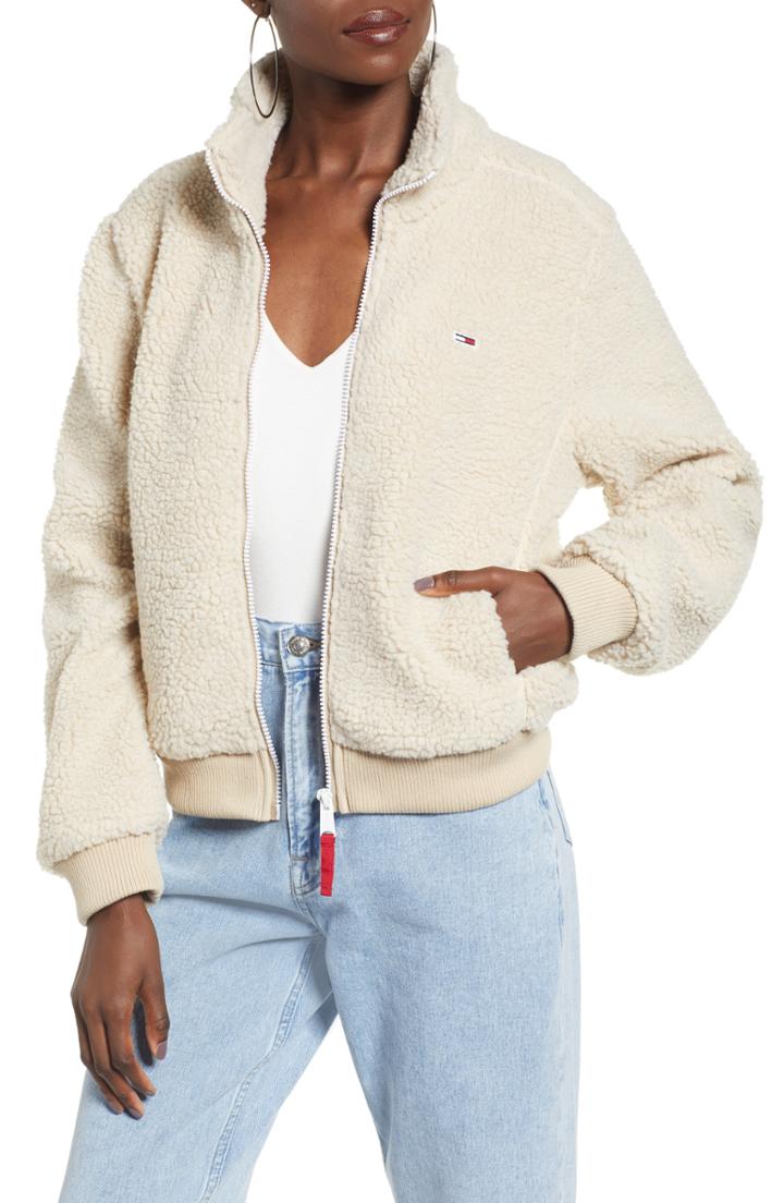 Women's Tommy Jeans Fleece Bomber Jacket - Beige
