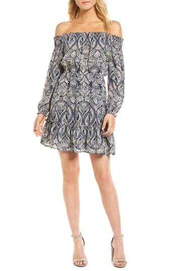 Women's Cupcakes And Cashmere Elroy Print Off The Shoulder Blouson Dress, Size - Blue