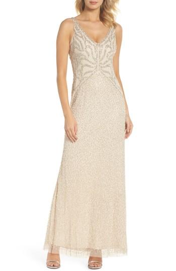 Women's Adrianna Papell Beaded V-neck Gown - Beige