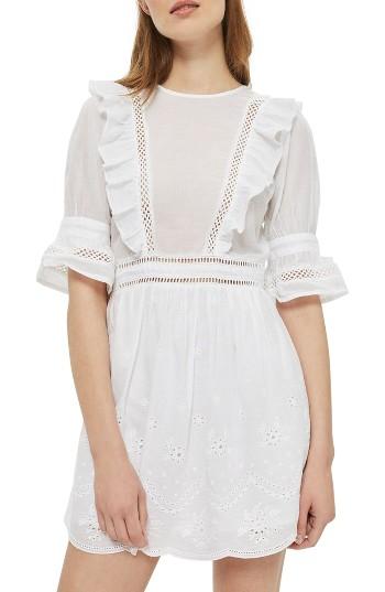 Women's Topshop Broderie Ruffle Minidress Us (fits Like 2-4) - White