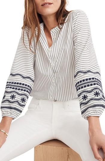 Women's Madewell Stripe Embroidered Sleeve Shirt, Size - Blue