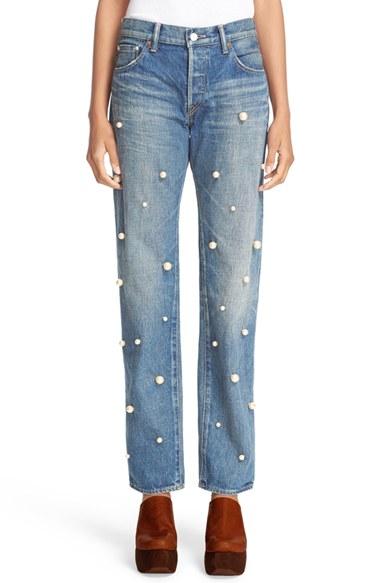 Women's Tu Es Mon Tresor Imitation Pearl Embellished Jeans