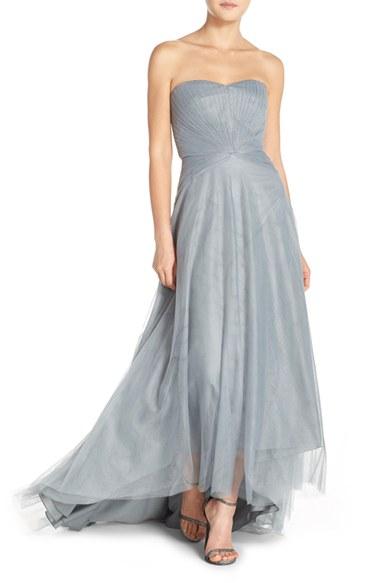 Women's Monique Lhuillier Bridesmaids Pleat Tulle Strapless Gown - Grey