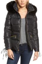 Women's Kensie Lace Sleeve Puffer Coat With Faux Fur Trim Hood - Black