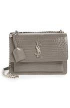 Saint Laurent 'medium Monogram Sunset' Croc Embossed Leather Shoulder Bag - Grey