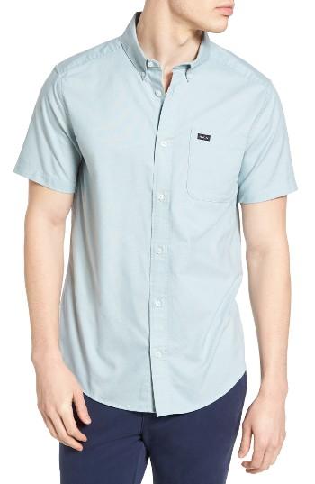Men's Rvca 'that'll Do' Slim Fit Short Sleeve Oxford Shirt, Size - Grey